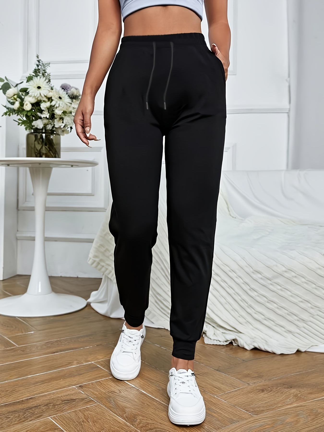High Waisted Black Joggers Female Women'S High-Waisted Black