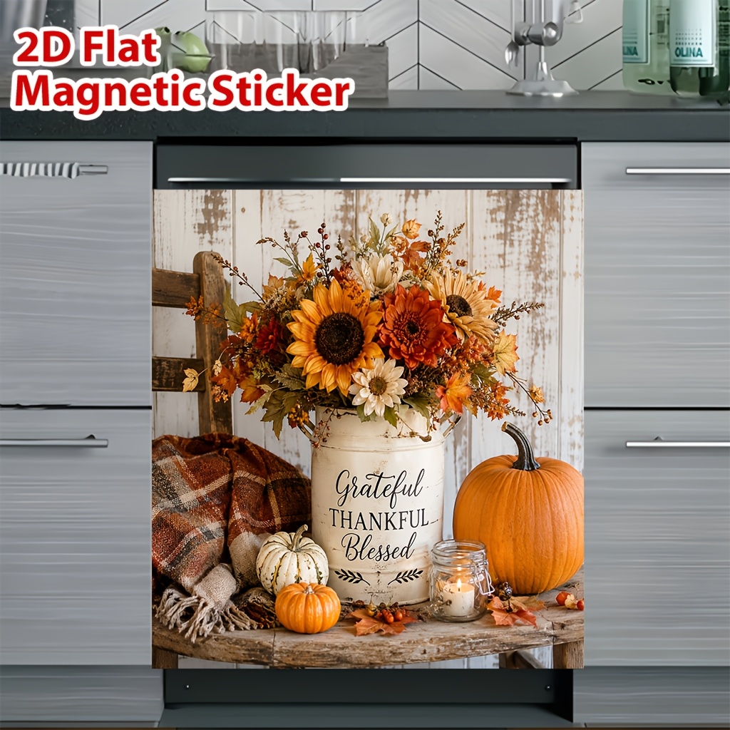 TEMU 2d Flat, 1pc Magnetic Dishwasher Door Cover, Thanksgiving Flower Bucket Pattern, Reusable, Scratch-resistant And Easy To Clean, 23x25., Suitable