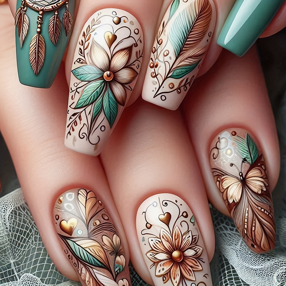 TEMU 24pcs Flower Spring Press-on Nails, Fake Nails For Women In Medium Length With Bohemian Featuring Feathers And Leaves. Dates And