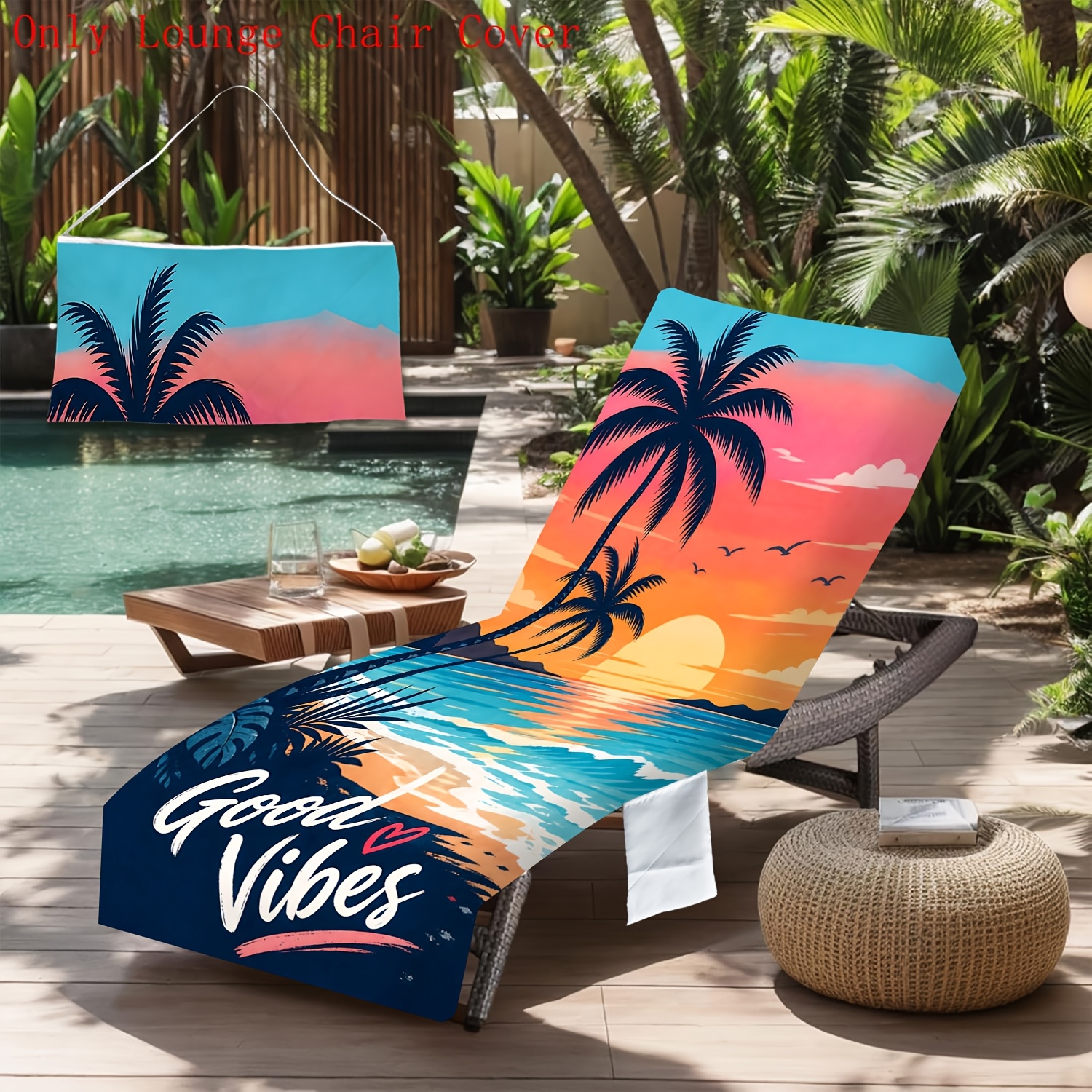 TEMU 1pc Tropical Chair Towel & Cover Suitable For Pool, Picnic, Camping - Tie-back Closure, Composite Fabric With Pockets, Lightweight Chair For