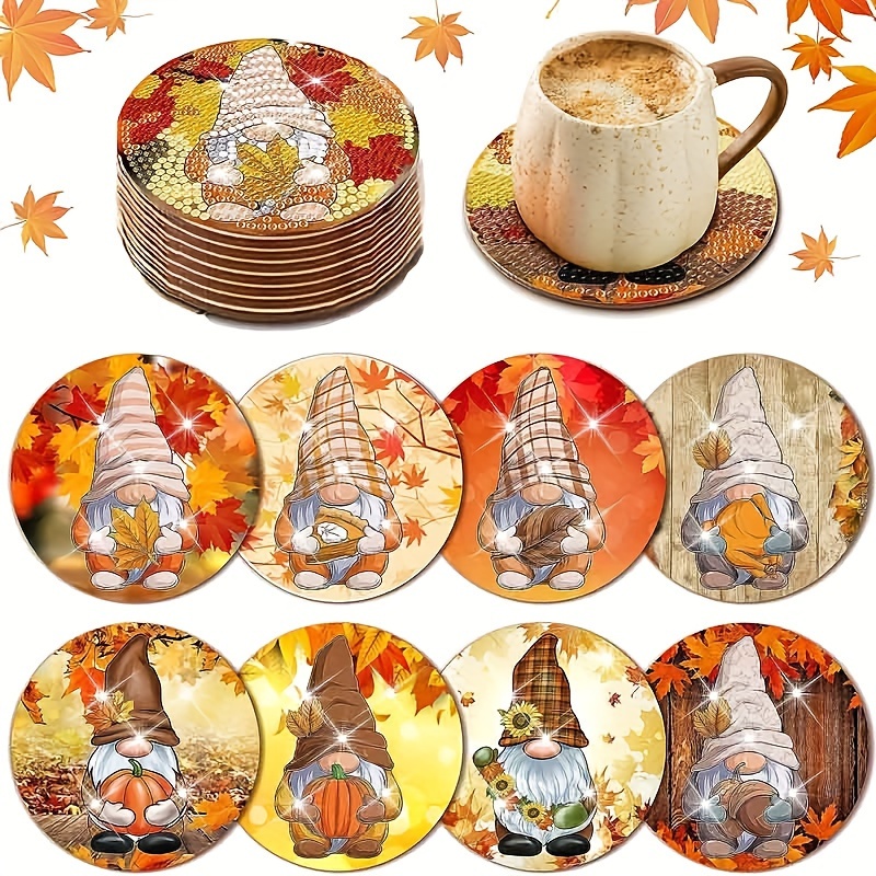 

8-piece Autumn Gnome Diamond Painting Coasters Set, Diy Wooden Drink Mats For Beginners & Adults, Heat-resistant Cup Pads With Anti-slip Performance & Crafting Supplies (no Holder Included)