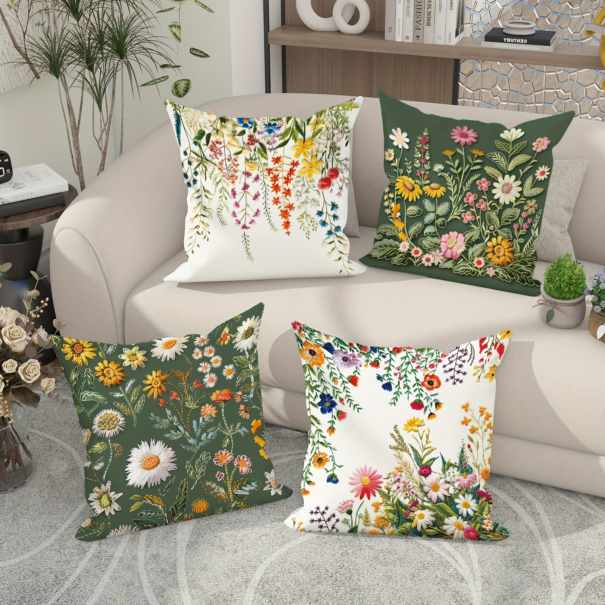 

Country-rustic Style Throw Pillow Covers Set Of 4, Floral Embroidery Pattern, Zippered, Machine Washable, Woven Polyester Decorative Pillowcases For Living Room Sofa, 18x18 Inches