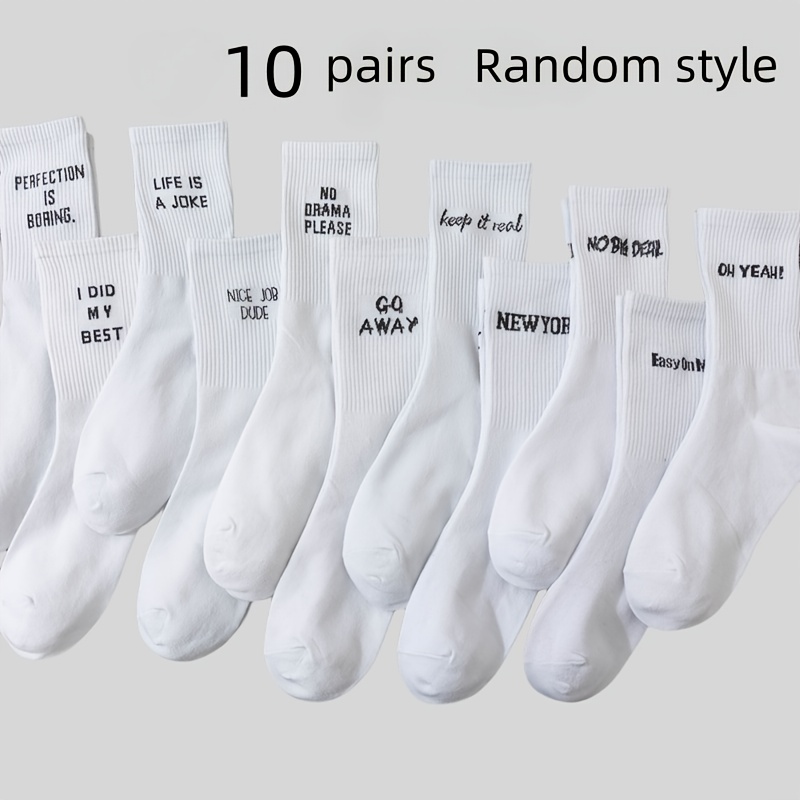 E-shop 5 Paar/10 Paar Zufällig, -Style Unisex Wadenhohe Sport-Hip-Hop-Straßensocken mit Aufdruck in Weiß