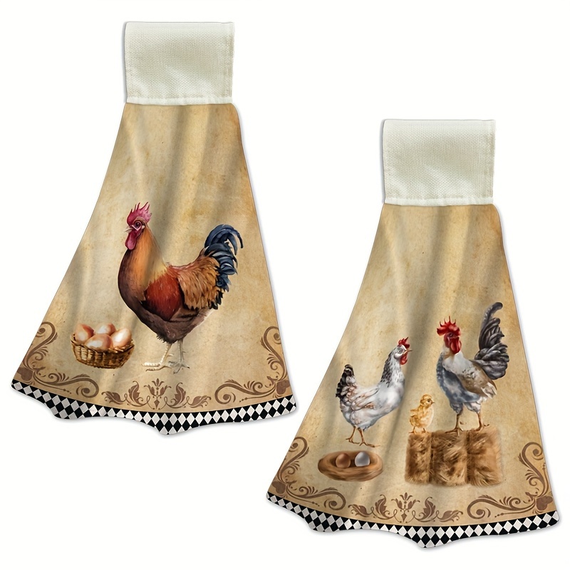 

Farmhouse Style Rooster Kitchen Towels - 2 Pack, Vintage Chicken Hand Towels With Loop, Woven Microfiber & Polyester, Animal Themed Hanging Dish Cloths, Hand Washable Oblong Shape For Home Decor