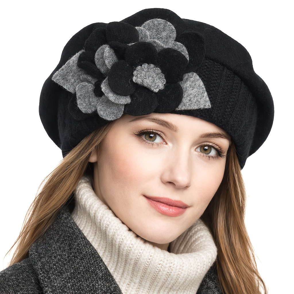 womens french beret hat wool elastic beanie floral - Temu display picture 1