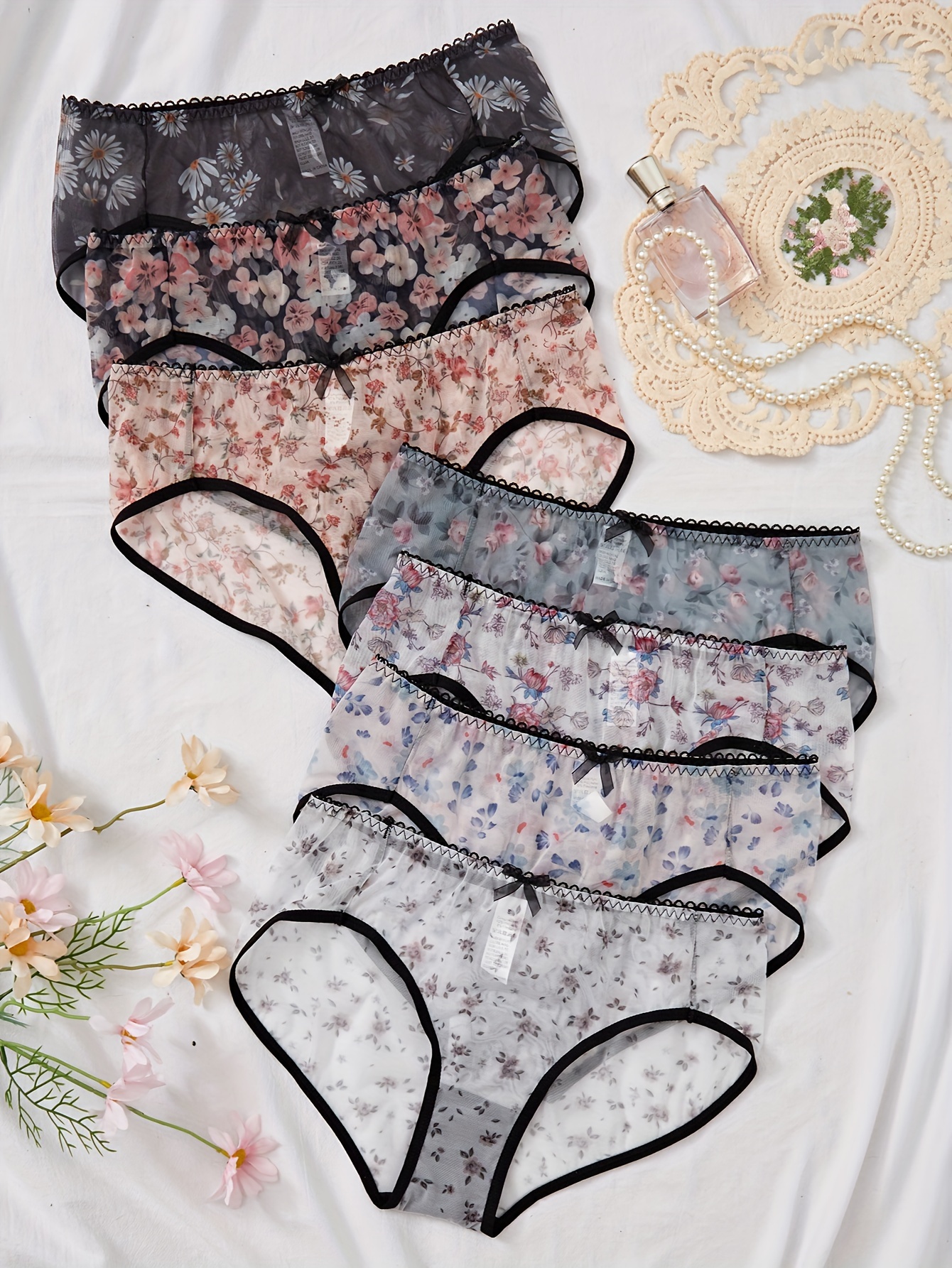 7pcs Ditsy Floral Briefs, Elegant &amp; Breathable Bow Mesh Intimates Panties, Women&#39;s Lingerie &amp; Underwear