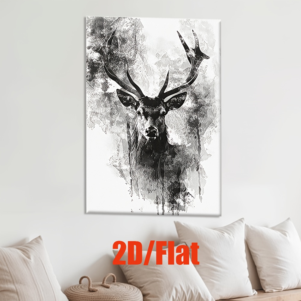 TEMU 2d Flat, 2d Flat 2d Flat []1pcs, Canvas Painting--unframed, Black And White Photo Of Deer, Posters And Prints, Living Room, Library, Office,