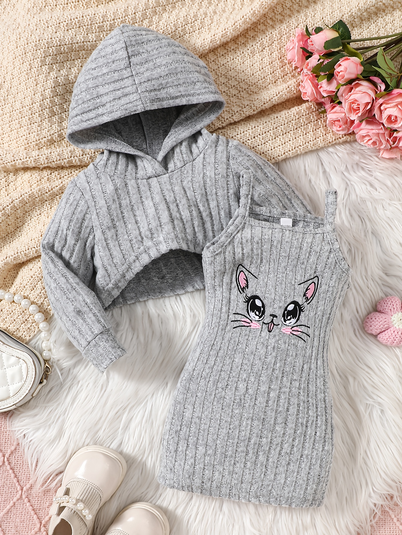 a cute and trendy two piece set for baby girls and toddlers featuring a hooded long sleeve top with ribbed stripes and a cat embroidered dress   outdoor activities and everyday wear making it an   gift   for girls on special occasions Product details 7