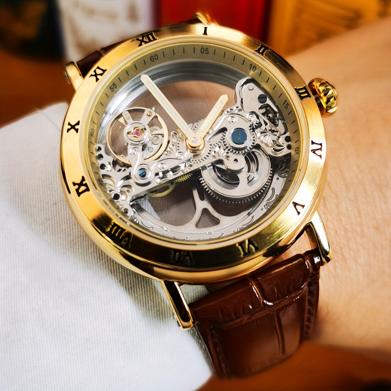 1pc Luxury Automatic Mechanical Watch Golden-Tone Transparent Skeleton  Case, Vintage Mechanical Movement with Luminous Hands, Non-High Qua