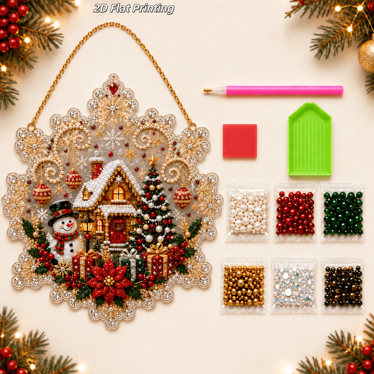 TEMU 2d Flat Printing, Christmas Pearl Art Ornament Kit - Snowman, Christmas Cottage, And Christmas Tree/snowflake Designs; 3d Crystal Bead Craft;