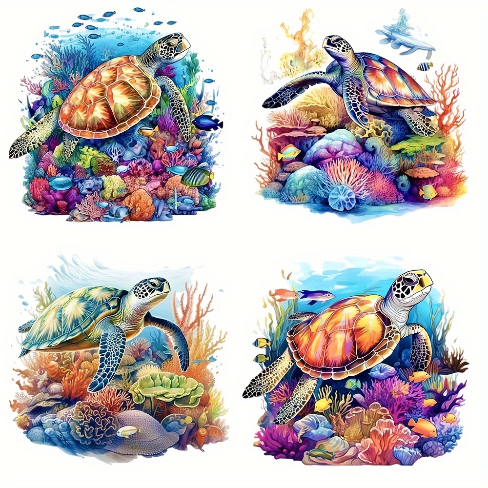 

4pcs Sea Turtle Iron-on Heat Transfer Vinyl Decals, Colorful Underwater Scenery Patches For Diy T-shirts, Backpacks, Heat Press Stickers For Clothing Decoration