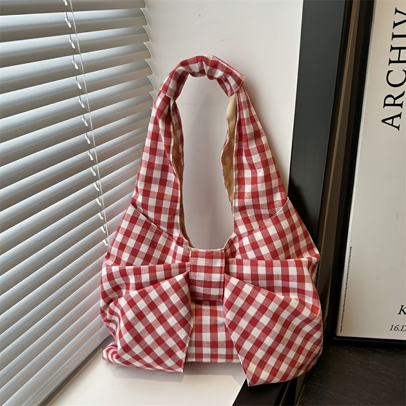 TEMU Bolso de con estampado de cuadros lindo, , bolso tote de lona de gran capacidad, bolso de casual, bolso de cuadros para mujeres y bolso de