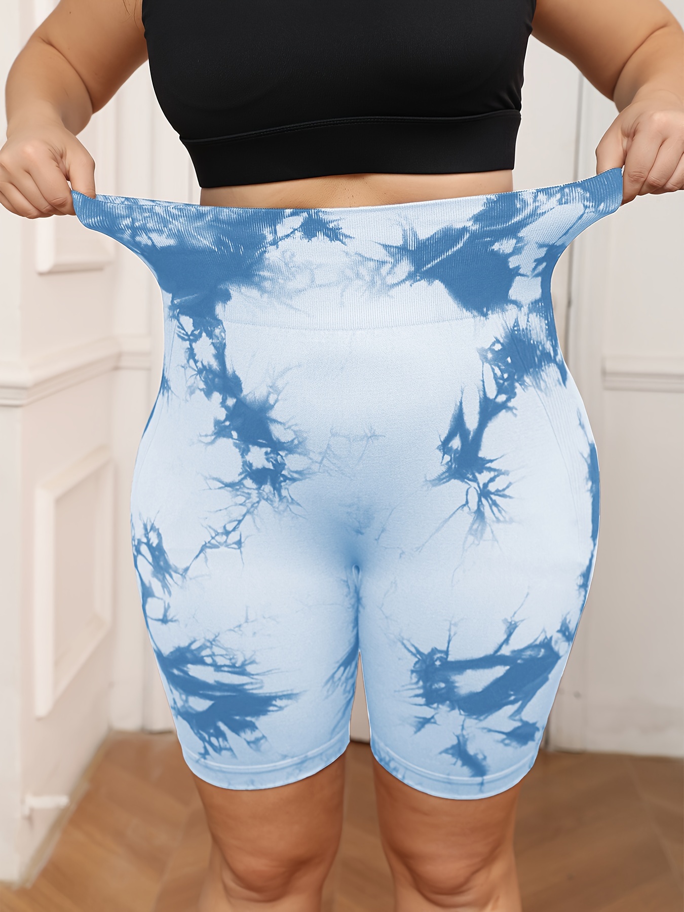Plus Size Women's High-Waisted Tummy Control Yoga Shorts - Tie-Dye Design, Stretchy Machine-Washable Fabric for Summer Workouts & Casual Wear, Tummy Control Shorts, Stylish Workout Apparel, Highelastic Fabric