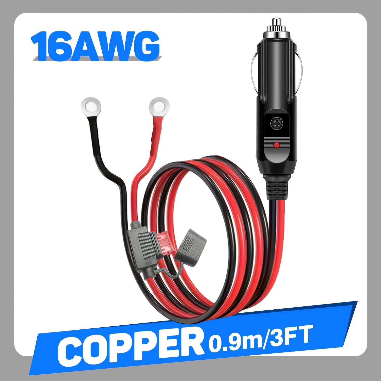 TEMU 16awg 0.9m/3ft Car Plug Extension Cord With 15a Fuse, 12/24v 16awg Heavy Duty Power Supply Cord With 10a Car Fuse, Power Adapter With Perforated