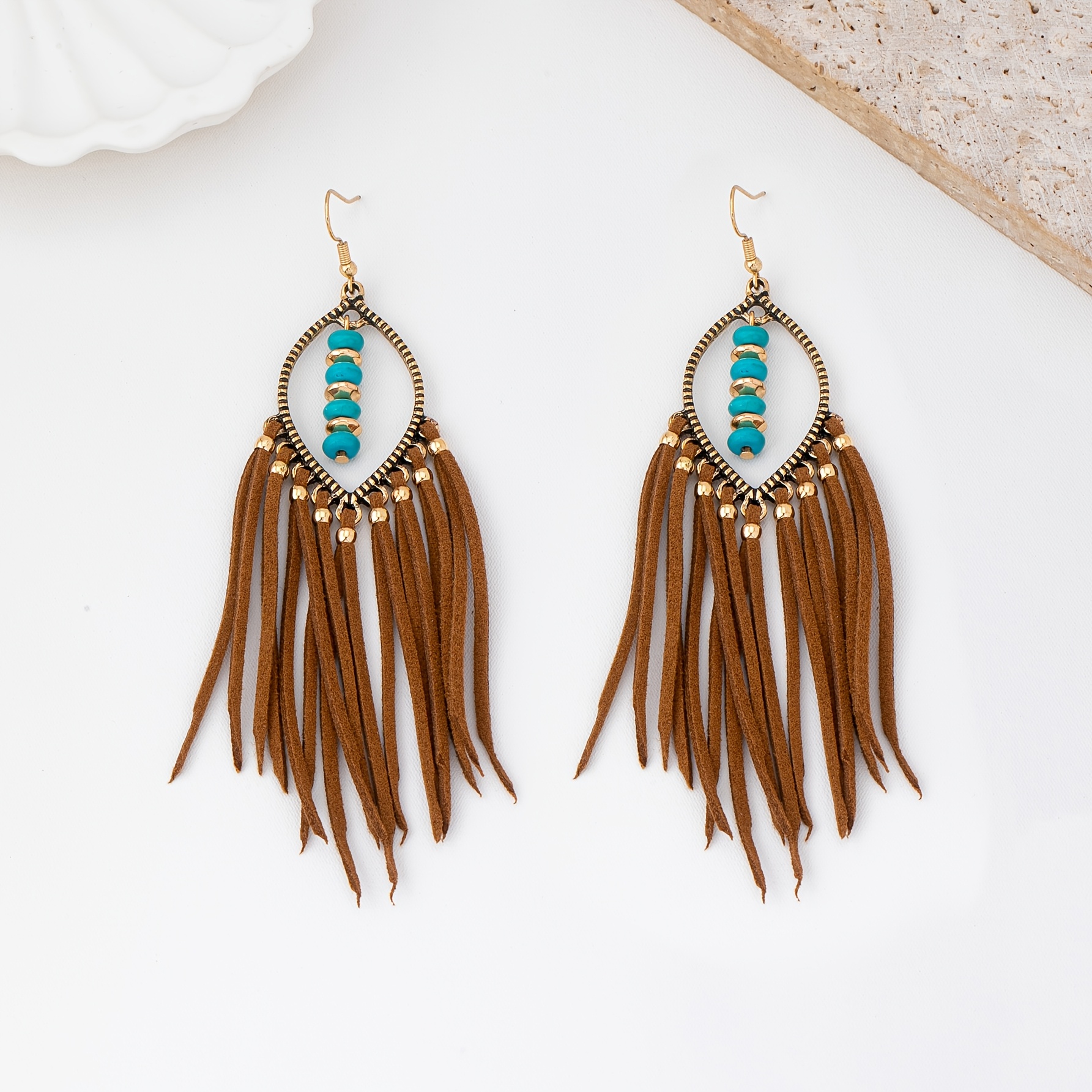 Image of 1 Pair Vintage Western Turquoise Tassel Earrings Suitable For Women' Wear, Vacations, Special Occasions - Dangle Earrings For Southwestern Style Gifts, Niche Fashion