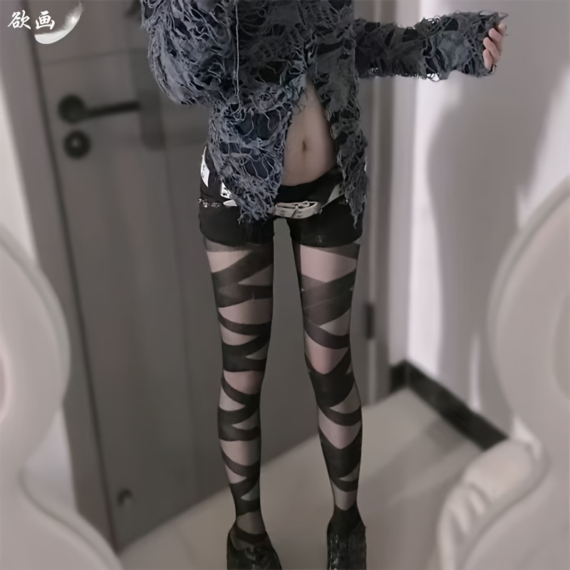 Image of A Pair Of Y2k Spicy Stockings With Garter Bands, Gothic Dark Personality Tights