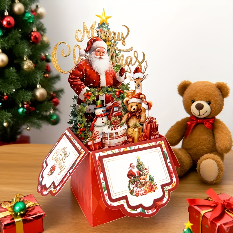 Vintage 4-layer Christmas Greeting Card With Santa Claus, Reindeer, And - Red Paper With Envelope, Suitable For Holiday Party Invitations For , No Batteries Required, Christmas Card