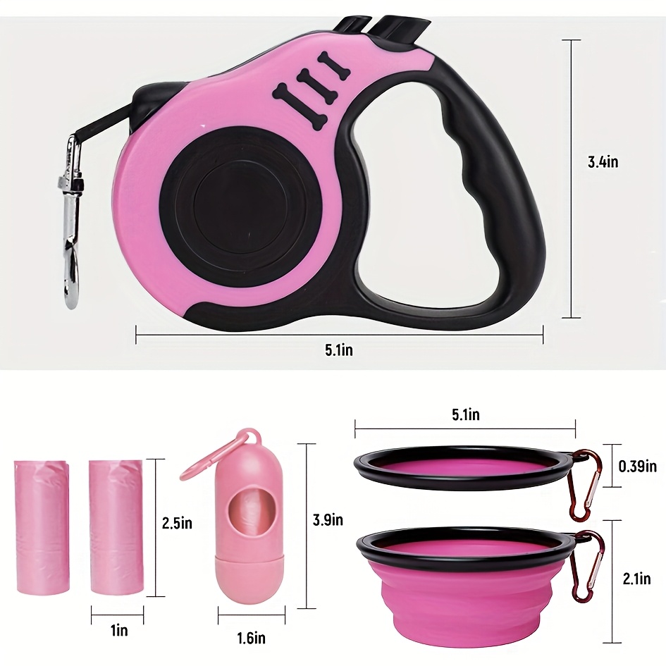 A 6pcs Pet Travel Kit Including a Pet Cleaning Set, a 5M/16.4Ft Retractable Dog Leash for Easy Control, a Dog Waste Collection Kit, Poop Bags, a Dispenser, And a Convenient Dog Bowl, Suitable for Outdoor Walks, Travel, And Hiking