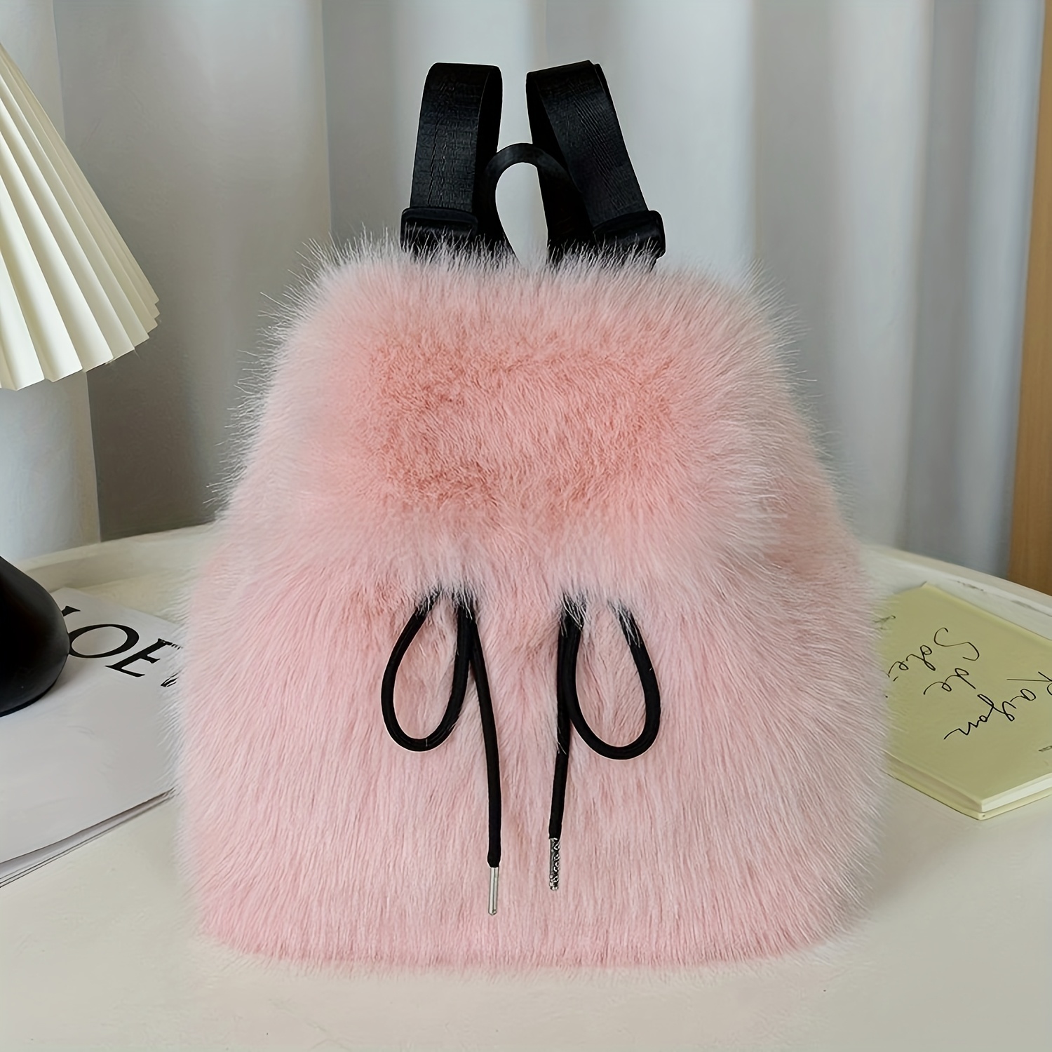 TEMU New Women's Fur Backpack - Casual Drawstring Flap With Magnetic , Large Capacity Bag, Women's Hiking Bag, Backpack, Wallet Backpack, Small White