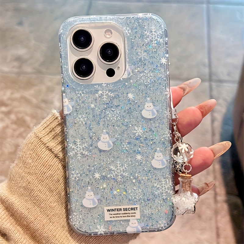 TEMU Phone Case: Sparkling Pink Transparent Ind Blue Snowflake Snowman Phone Case With Exquisite Snowflake Bottle Decoration For Iphone 11 12 13 Pro
