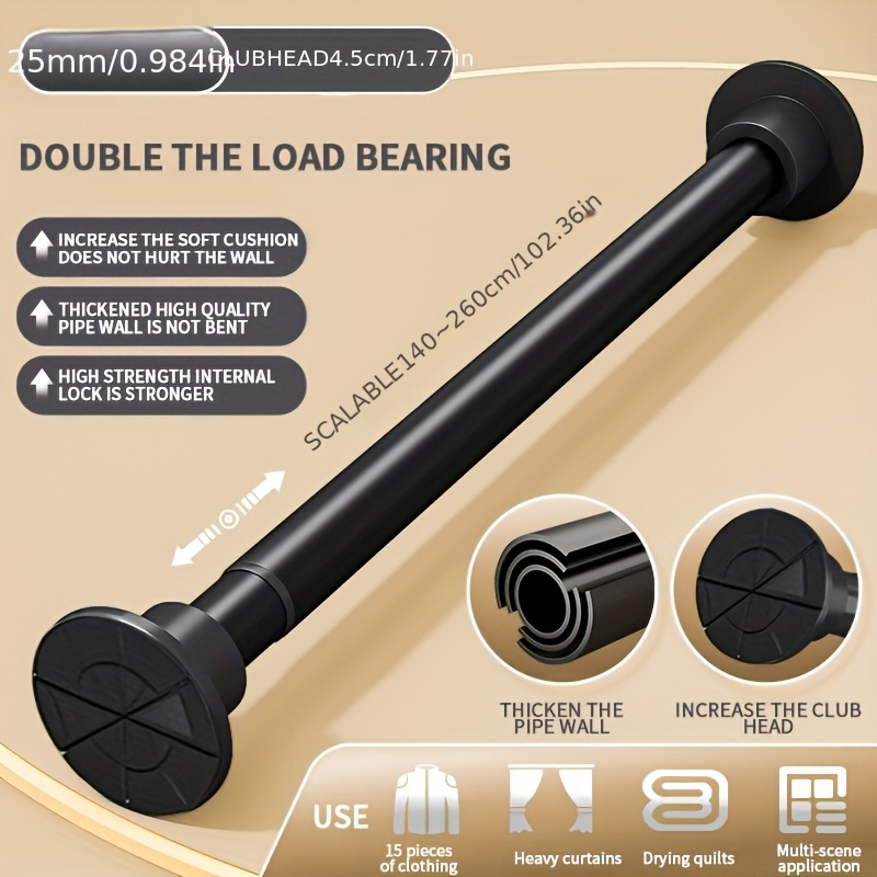 Image of 1pc Adjustable Metal Telescopic Rod With Spring, Tension Installation, Gravity Support For Shower Curtain, Window Curtain, Roman Pole, Clothes Drying Rack And Wardrobe- No Drilling Design