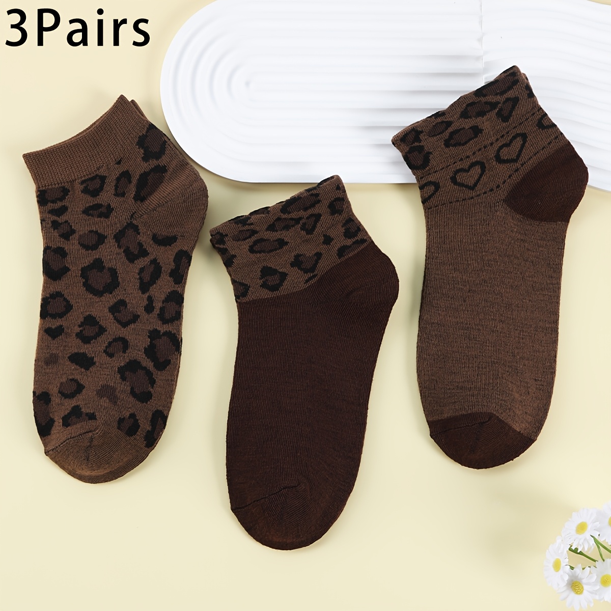TEMU 3/6 Calzini alla Caviglia da Donna Vintage Marrone con Stampa Leopardata a Cuore, Calze Corte Morbide e Traspiranti, Calze Stampate Patchwork