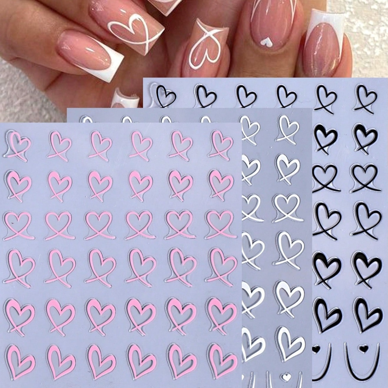 Image of 3pcs Chic Black, White & Pink Heart Nail Art Stickers - Hollow 3d Design With Detailing, Self-adhesive Decals For Easy Diy Manicure, Diy Nail Art|french Tip Decals|singleuse Design, Nail Stickers