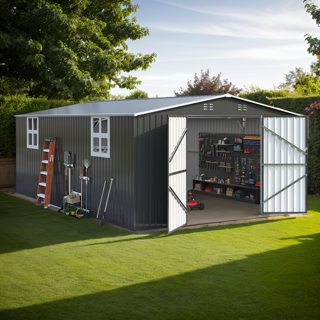 TEMU 5x3/12x16/12x18 Ft Outdoor Storage Shed, Extra-large Metal Shed With Hinged Door And Windows, Heavy-duty Metal Tool Shed For Backyard, Garden,