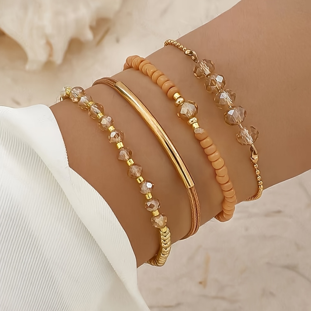 TEMU 4pcs Elegant Glass Waterproof Crystal Beaded Bracelet Set - Chic Khaki Bead Fine Chain Crystal Stackable Bracelets For Daily Wear & Gifting,