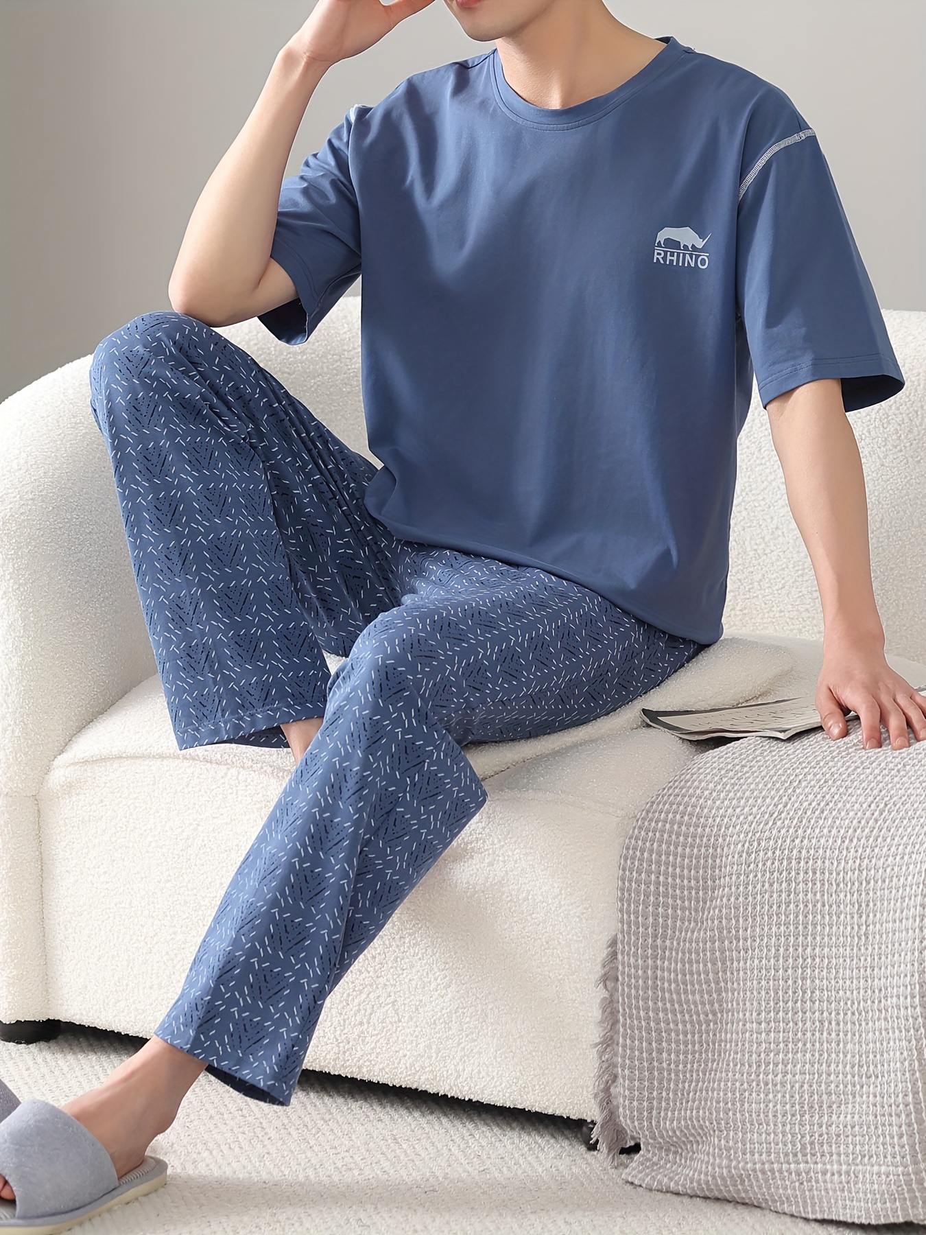 Men's Summer Cotton Pajama Set - Lightweight, Breathable Short Sleeve & Long Pants with Pockets, Casual Round Neck Sleepwear, Plus Size, Home Wear