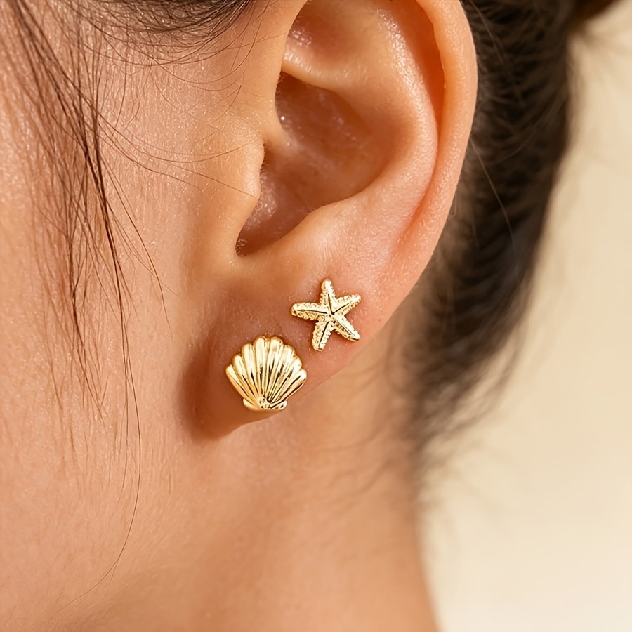 Metallic Wind Star Shell Turtle Stud Earrings Set