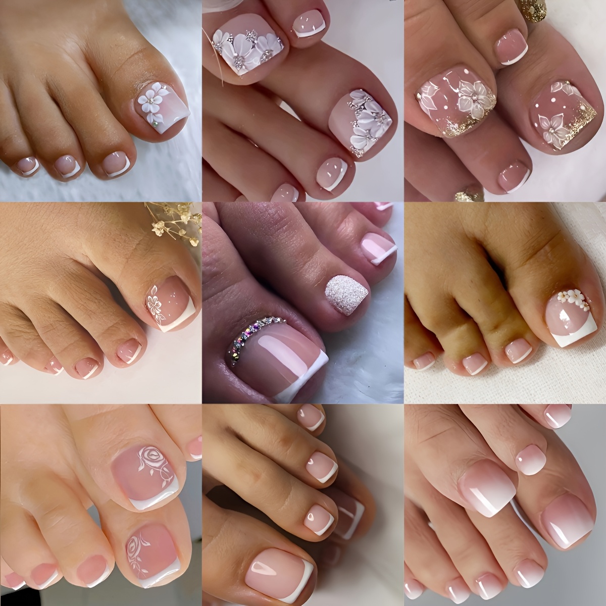 TEMU Станете Гламурозни с Комплект от 216 бр. Къси Квадратни Ноктопласти за Пролет/Лято с Цветя и Листа, 3D Стикери с Райнстоун в Преминаващ Цвят за