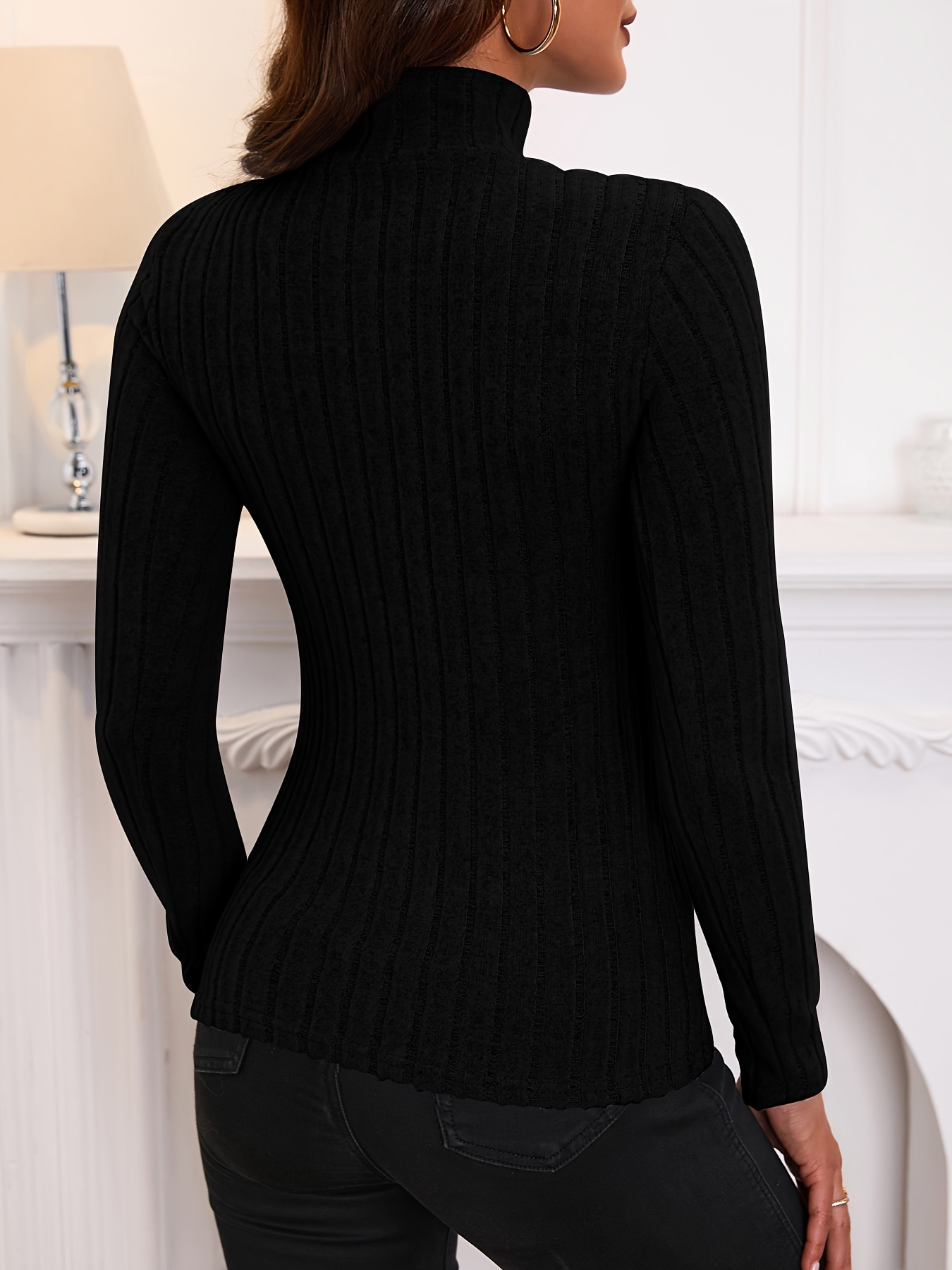 Solid Turtle Neck Rib Knit Top, Elegant Slim Long Sleeve Simple Sweater, Women's Clothing
