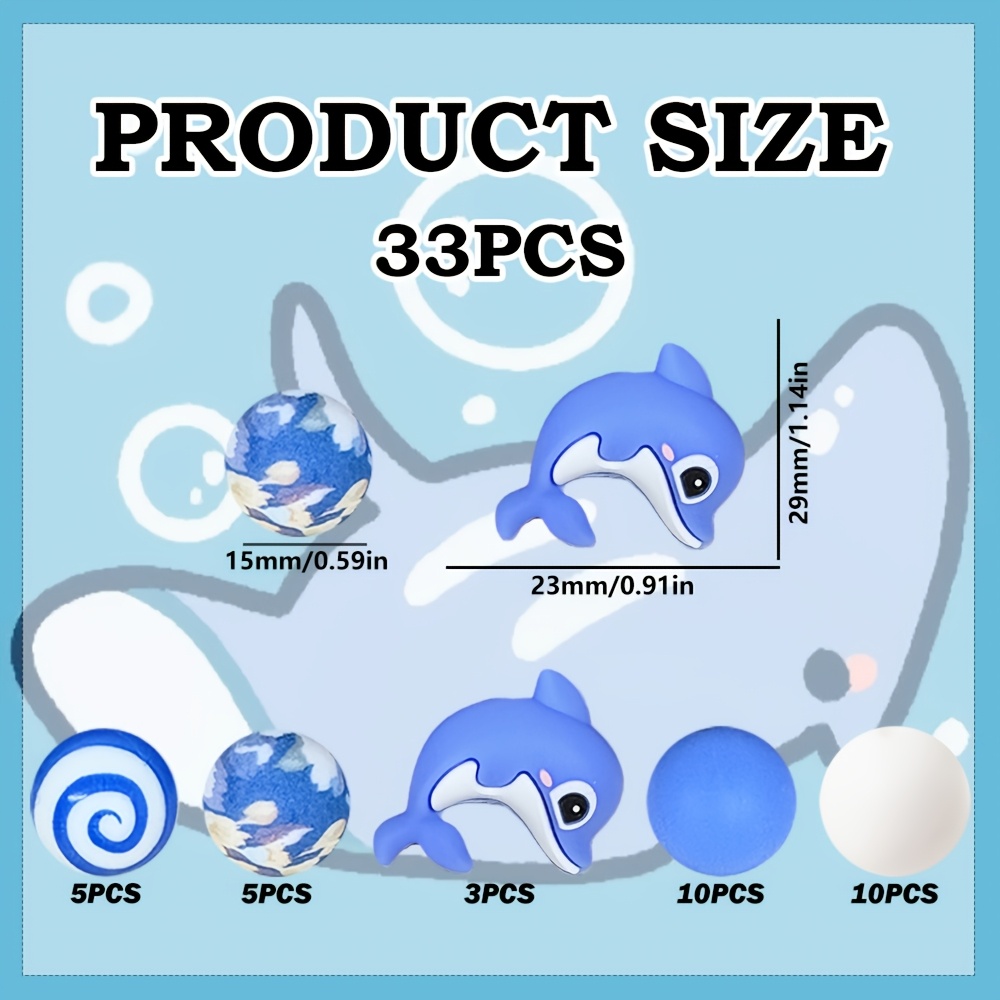 TEMU 33 Piezas de Cuentas de Silicona de Ballena con Estampado Oceánico, Cuentas Redondas Azules, Ideales para Decoración de Joyería, Aretes,