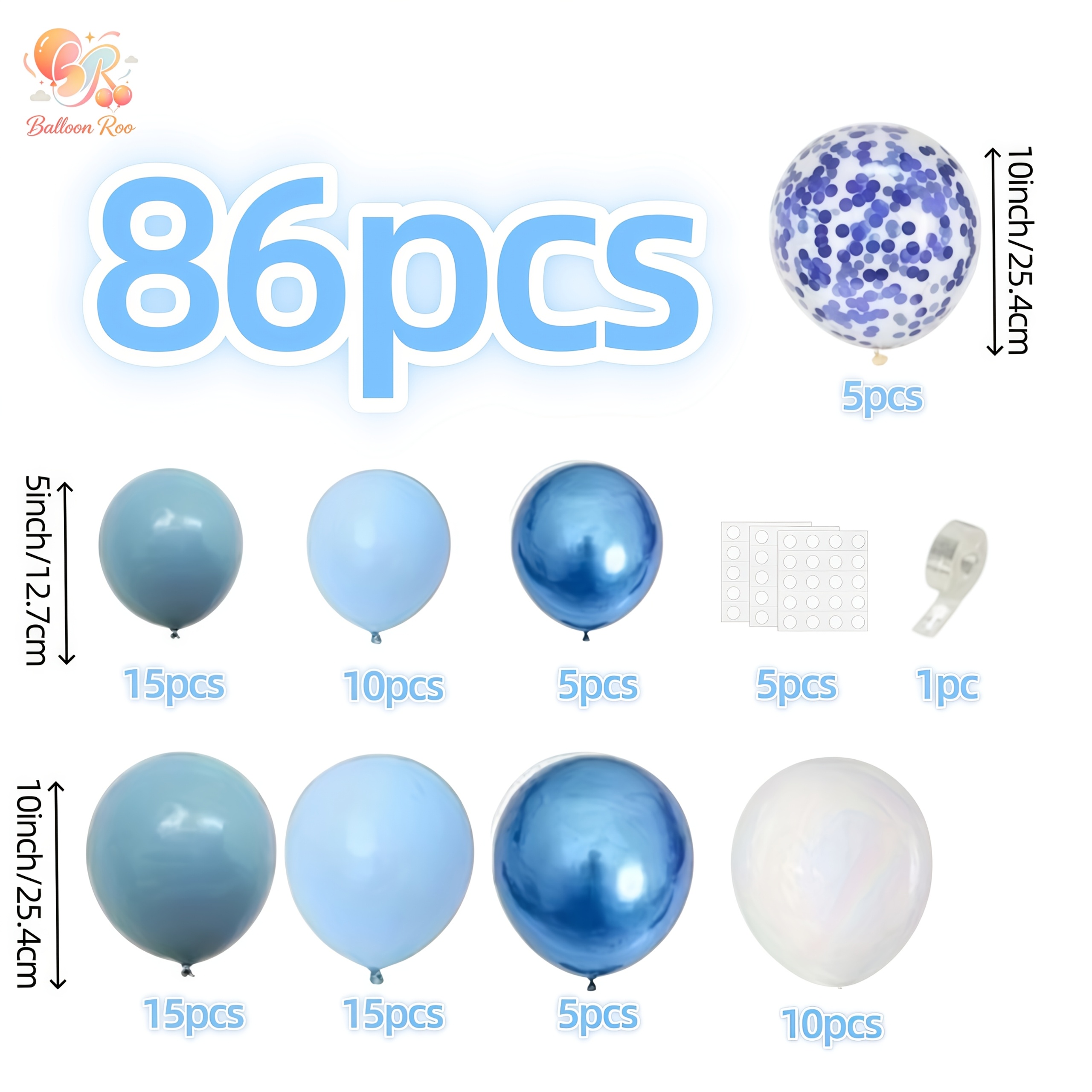 TEMU Kit Gonfiaggio Palloncini BALLOON ROO da 86 Pezzi in Lattice Blu e con Palloncini e Palloncini , per Matrimoni, Compleanni, Feste a Tema ,