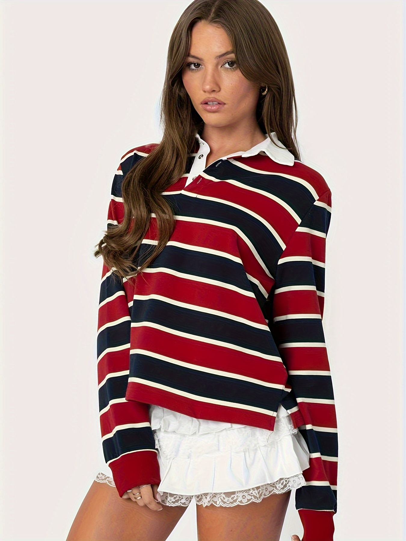 Women's Retro Color-Block Striped Sweater Relaxed Fit Long Sleeve with  Contrast Collar, Machine Washable Spring/Fall Casual Top, Cute Sweaters 