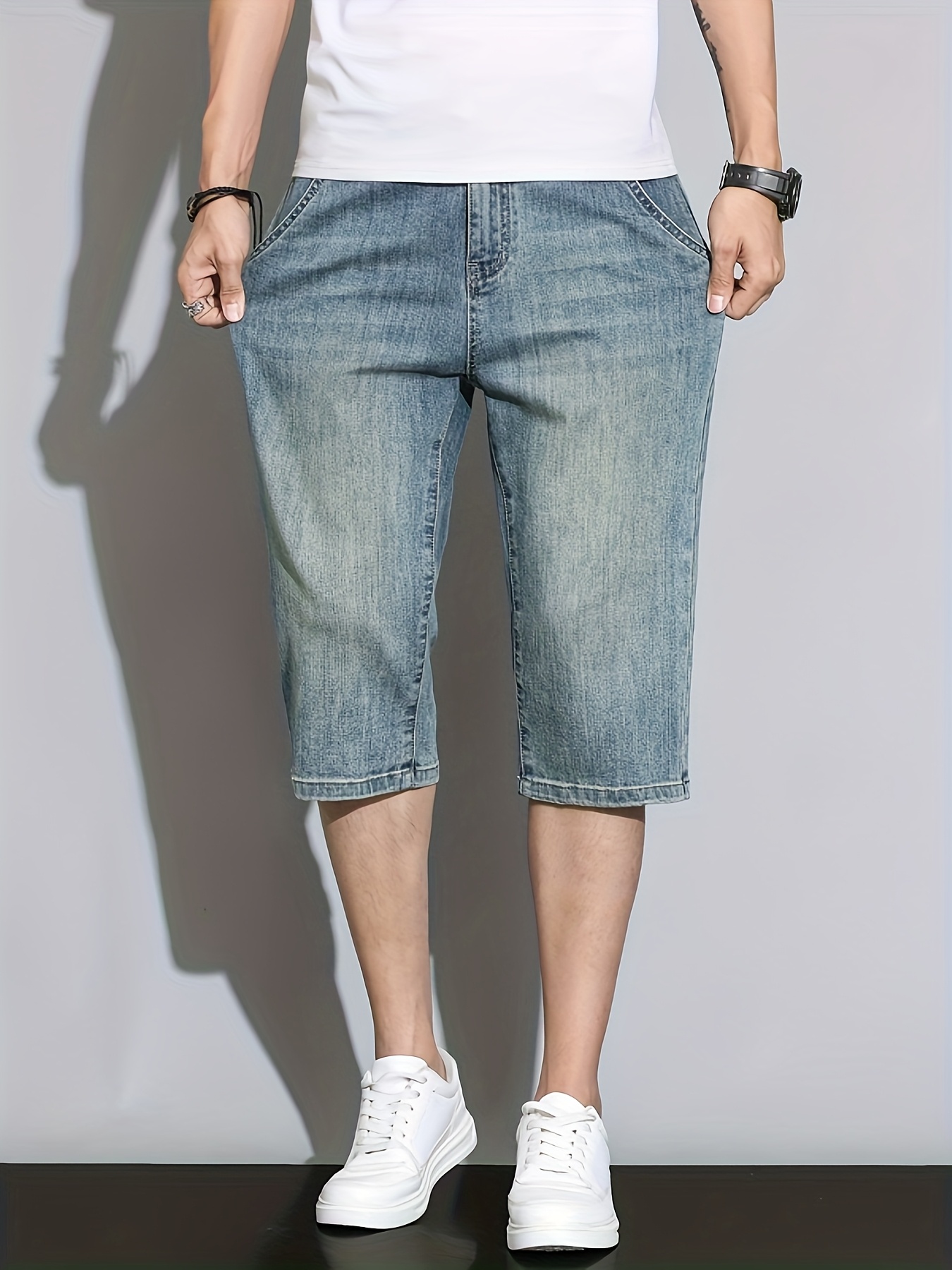 men's casual loose fit denim capri pants knee length button Temu
