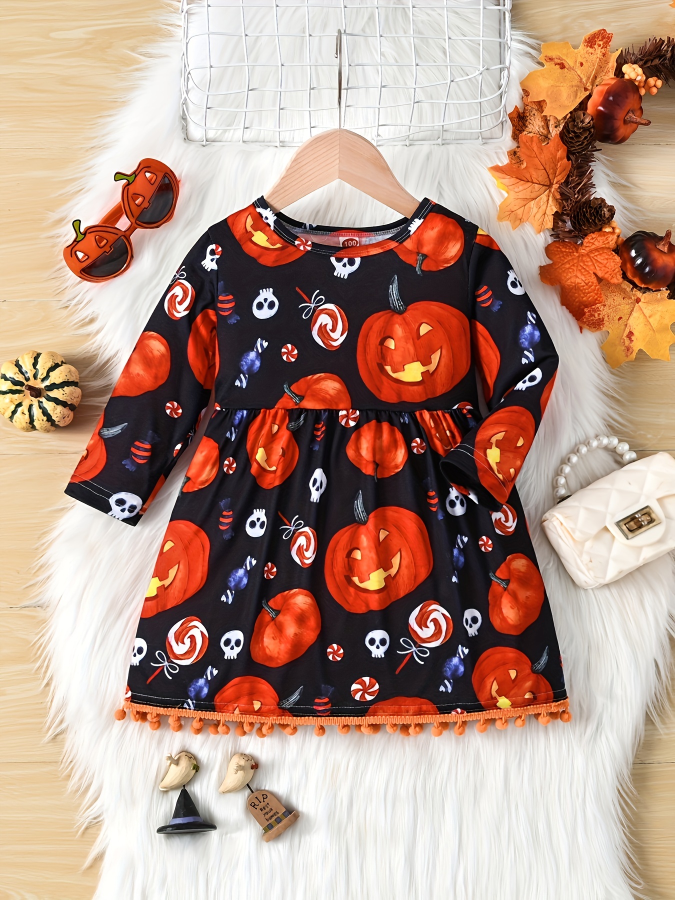 Halloween Pumpkin Print Knit Dress for Girls - Casual Long Sleeve Polyester  Dress with Pom-Poms, Regular Fit for Children, Spring/Fall Season