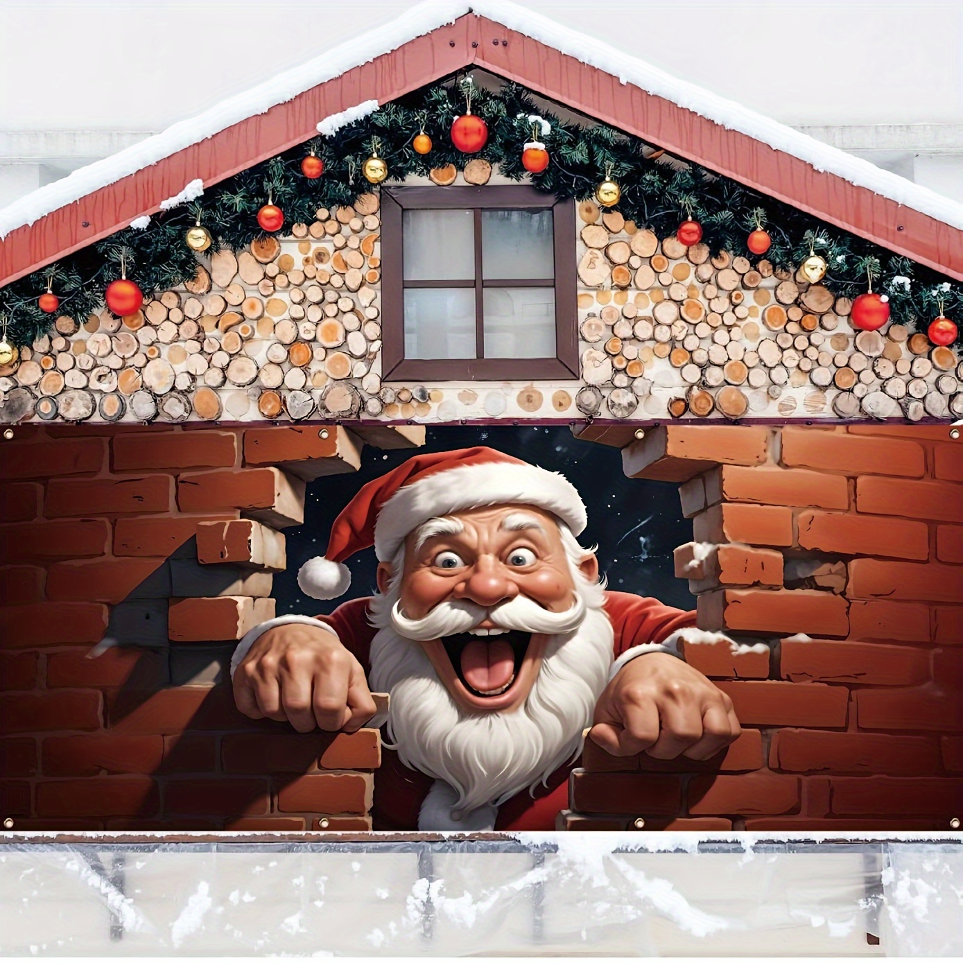 

Vibrant Santa Peeking Through Wall Christmas Garage Banner - Polyester, Outdoor Holiday Decor, 157x71 Inches