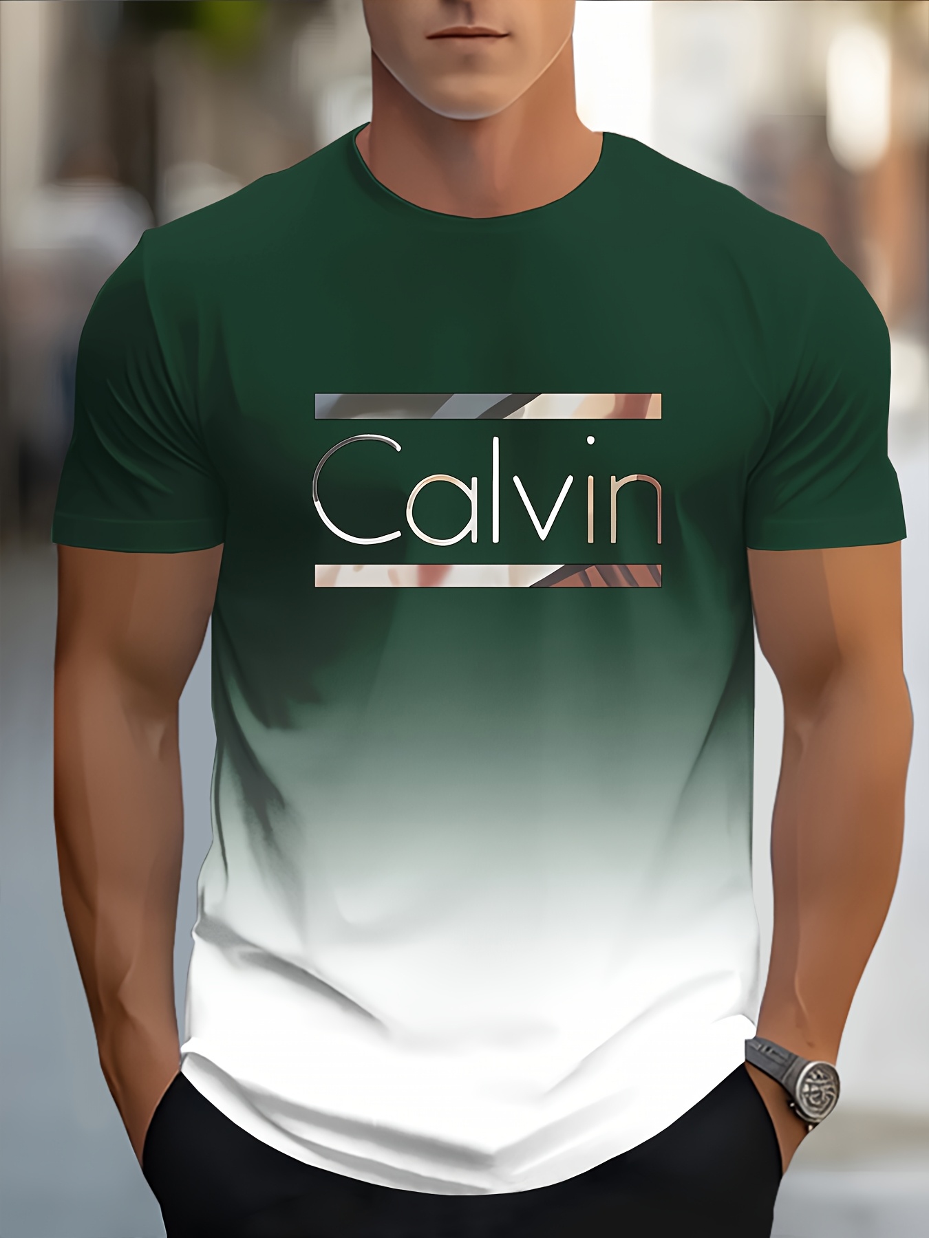 Men'S Casual Short Sleeve T-Shirt with Bold CALVIN Monogram Print - Blue & White Gradient Design, Regular Fit Round Neck, Machine Washable for Casual Attire, Summer Apparel, Modern Fashion, Comfortable Fabric, Graphic Tee, Streetwear Style