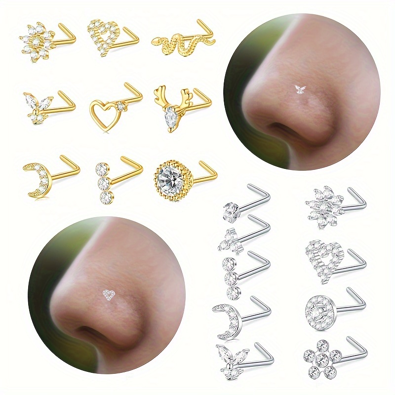 

9pcs Nose L Shaped Heart Flower Snake Moon Shape Nose Ring Surgical Steel Nose Piercings Jewelry