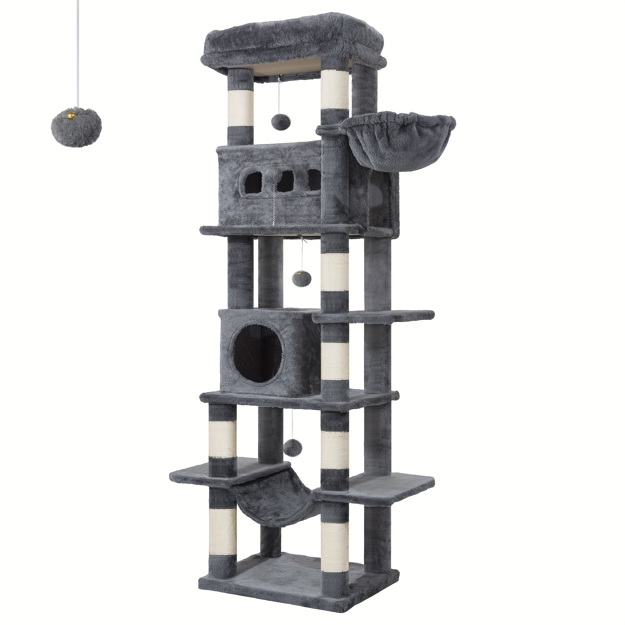 Indoor Cat Tower, 170 Cm High, Spacious Multi-level Cat House Featuring A Condo, 8 Scratching Posts, A Hammock, And 4 Pom Poms