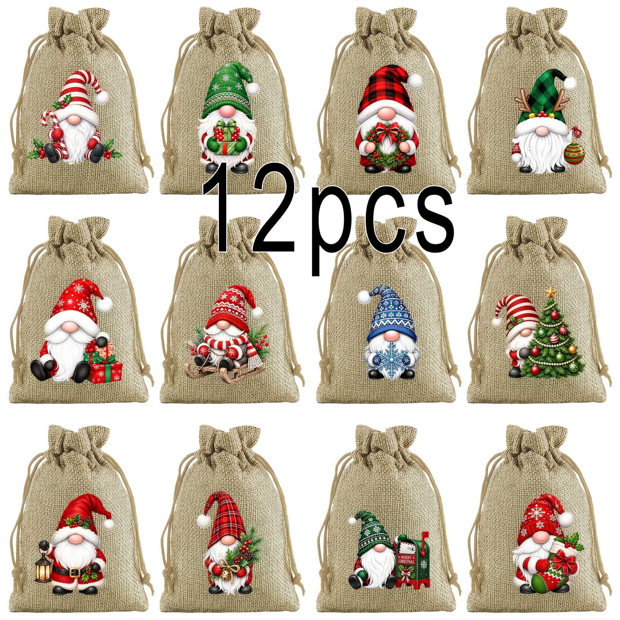Image of 12pcs Set 10x14cm New Christmas Gift Bags With Drawstring Closure, Christmas Gift Pouches, Drawstring Storage Bags, Jewelry Gift Bags Suitable For Christmas Gift