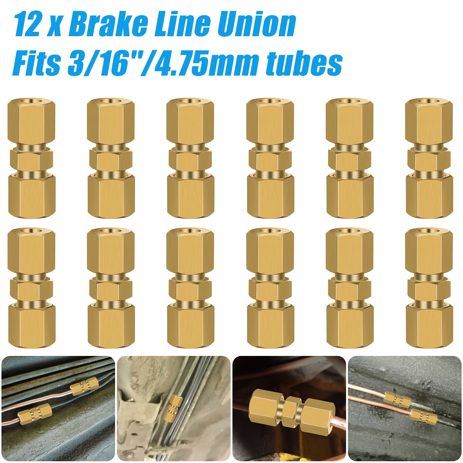 TEMU 12pcs Brass Brake Line Fittings Kit, 3/16" Compression And Nuts, Heavy-duty Leak-proof Connectors, Inline Straight Fittings For Steel, Copper, Poly-coated Brake Tubing, Fuel & Oil Lines