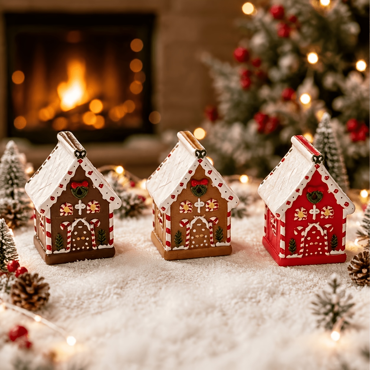 TEMU 3pcs Christmas Miniature Gingerbread House Ornament Set, Mini Christmas Houses Resin Crafts For Desktop Decoration, Suitable For Dollhouse Decor