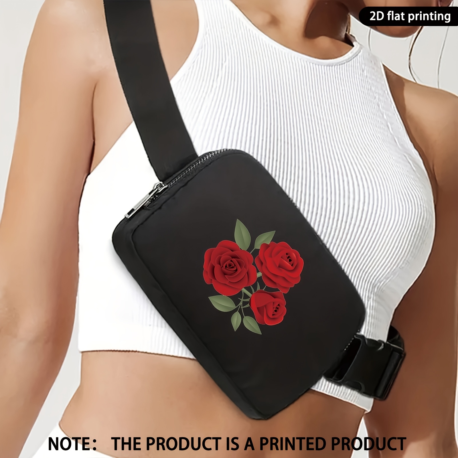 1pc   simple all match rose pattern print waist bag multi function belt adjustable shoulder strap outdoor sports crossbody waist bag