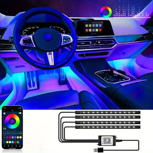 rgb interior car strip lights with control music sync under dash footwell neon internal lighting kit 12v led strip lights for cars trucks suvs 1 set without battery