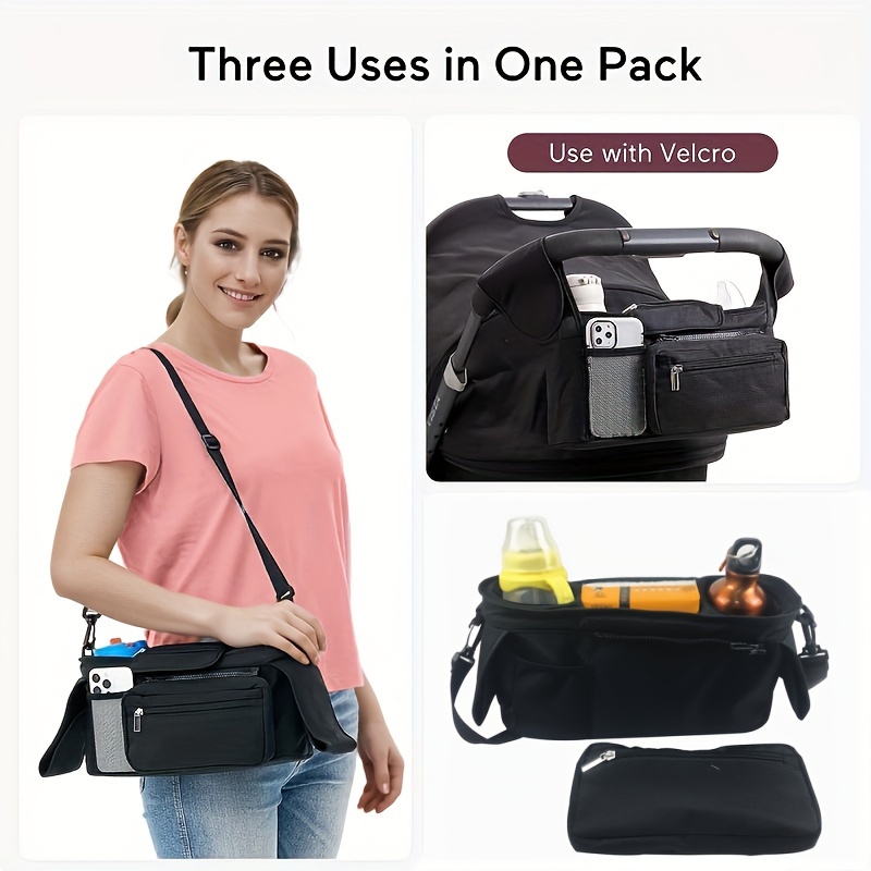 1pc universal stroller organizer for moms comfortable carriage manager with insulated cup holder removable phone pouch shoulder strap fits most strollers pet strollers for storage hanging bag mommy pack made of   polyamide material black grey details 0