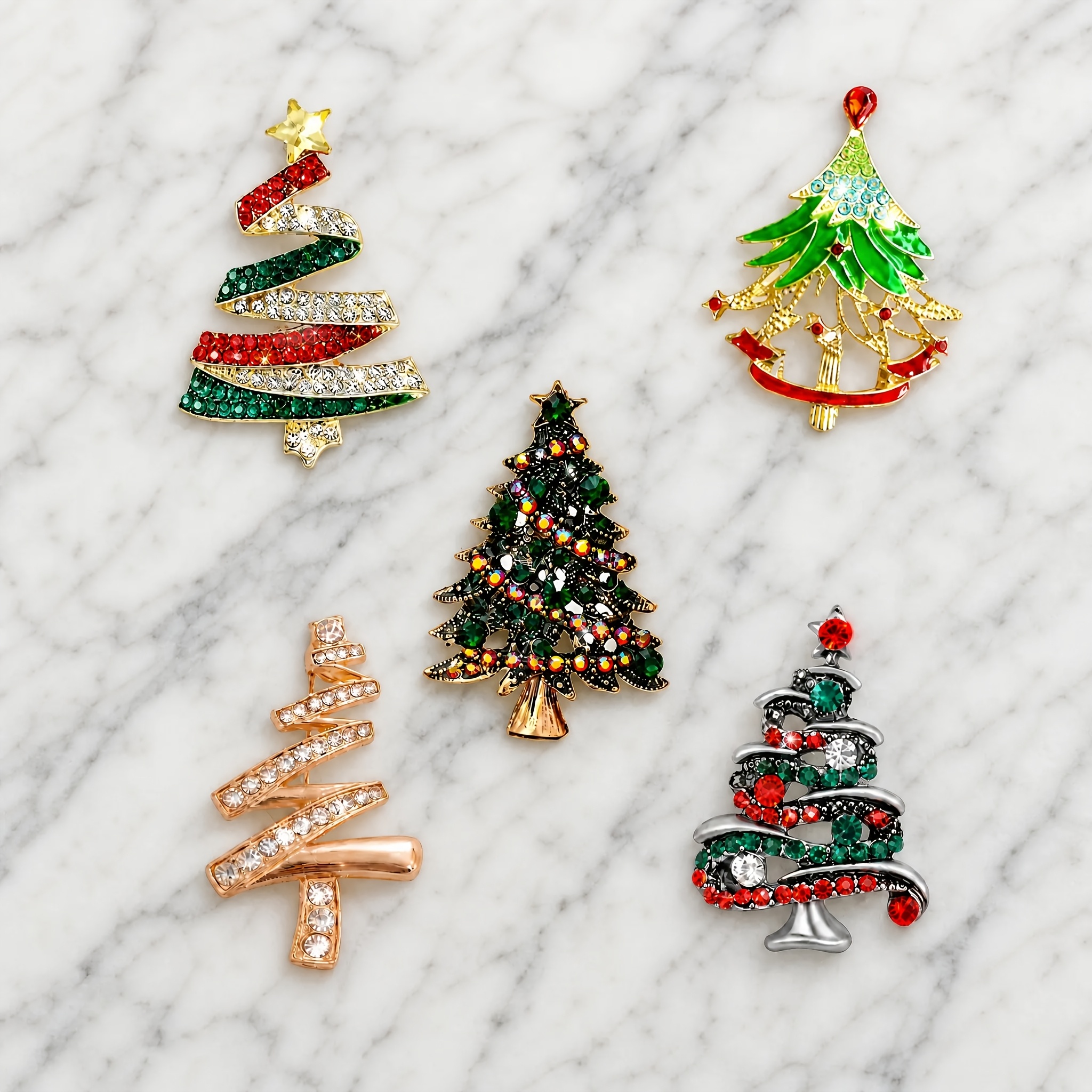 TEMU 5pcs Versatile Christmas Tree Brooch Set, Diverse Tree Shapes And Unique Patterns, Suitable For Coats, Fabric Bags, Christmas , Winter , And