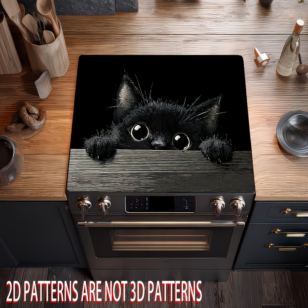 TEMU 1pc, 2d Flat Printing, Black Cat Peeking Stove Top Protector, Kitchen Mat, Suitable For Stove Top Protector, Festive Home Decor, Hob Protector